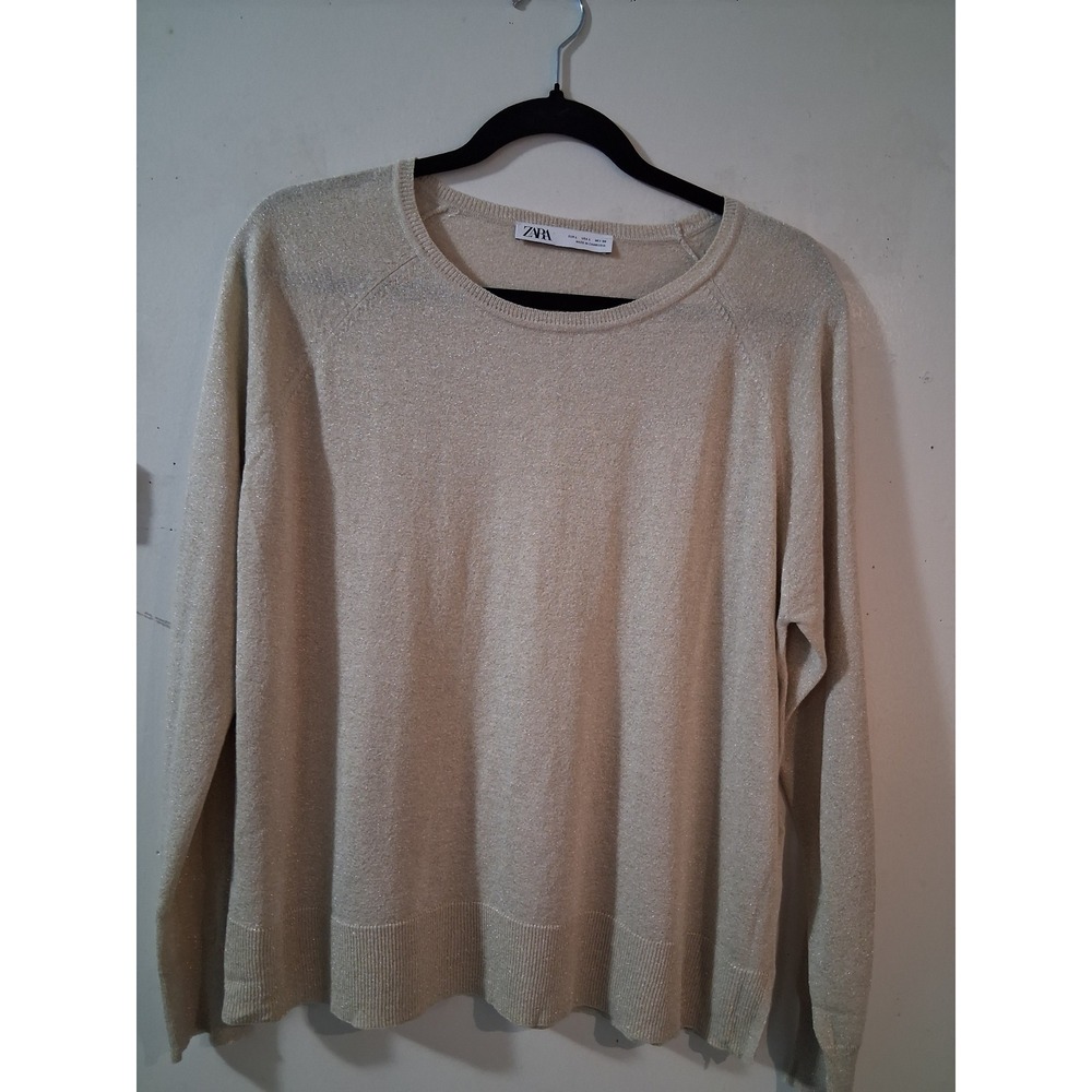 Zara Womens Gold Metallic Shimmer Knit Crew Neck Raglan Sweater Large